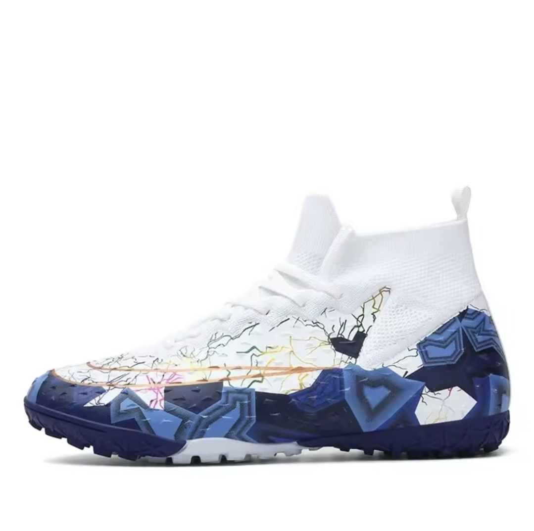 Tempesta Men’s Turf Football Boots in white with blue graphic design displayed on a clean white background