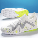 Pair of Galactic Men’s Turf Football Boots white patterned on white stand with blue gradient background