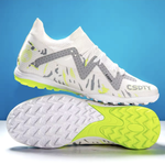 Pair of Galactic Men’s Turf Football Boots white patterned on white stand with blue gradient background
