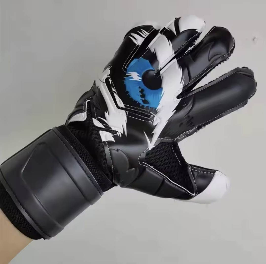 Pair of Men's Hunter Goalkeeper Gloves with a black, white, and blue eye design on a white background.