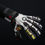 Elite Sport Pro Calavera goalkeeper glove backhand design with skeleton and colourful floral pattern on black background