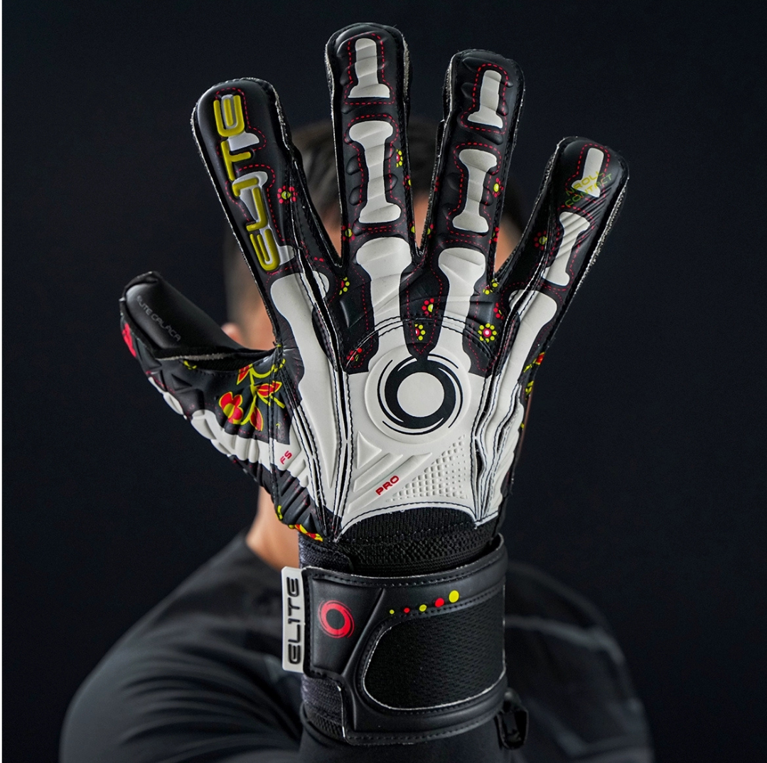 Elite Sport Pro Calavera goalkeeper glove backhand design with skeleton and colourful floral pattern on black background