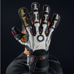 Elite Sport Pro Calavera goalkeeper glove backhand design with skeleton and colourful floral pattern on black background