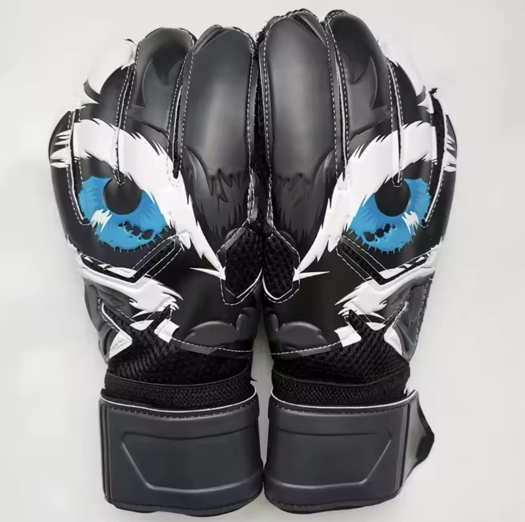 Pair of Men's Hunter Goalkeeper Gloves with a black, white, and blue eye design on a white background.