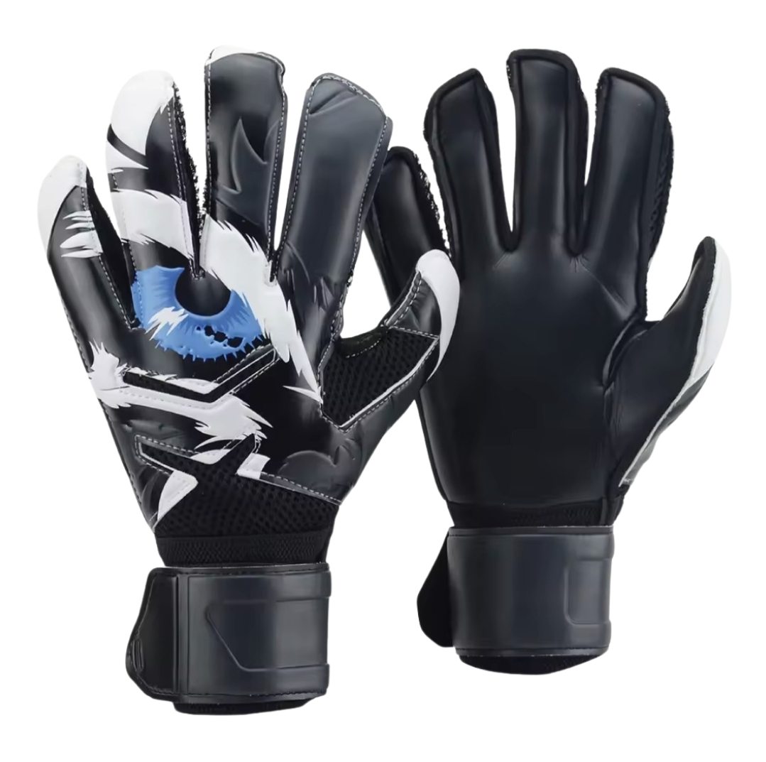 Pair of Men's Hunter Goalkeeper Gloves with a black, white, and blue eye design on a white background.