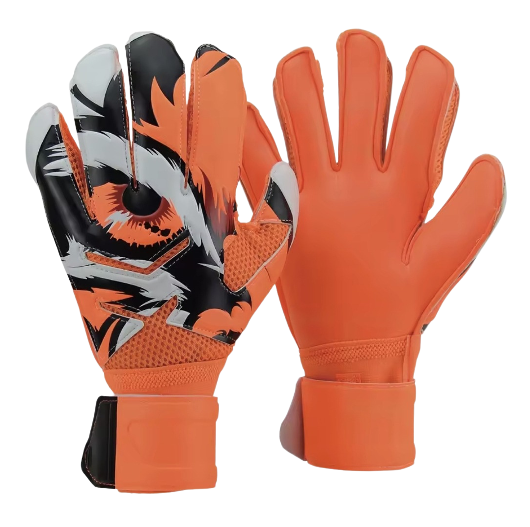 Pair of Men's Hunter Goalkeeper Gloves with a orange, white, and orange eye design on a white background.