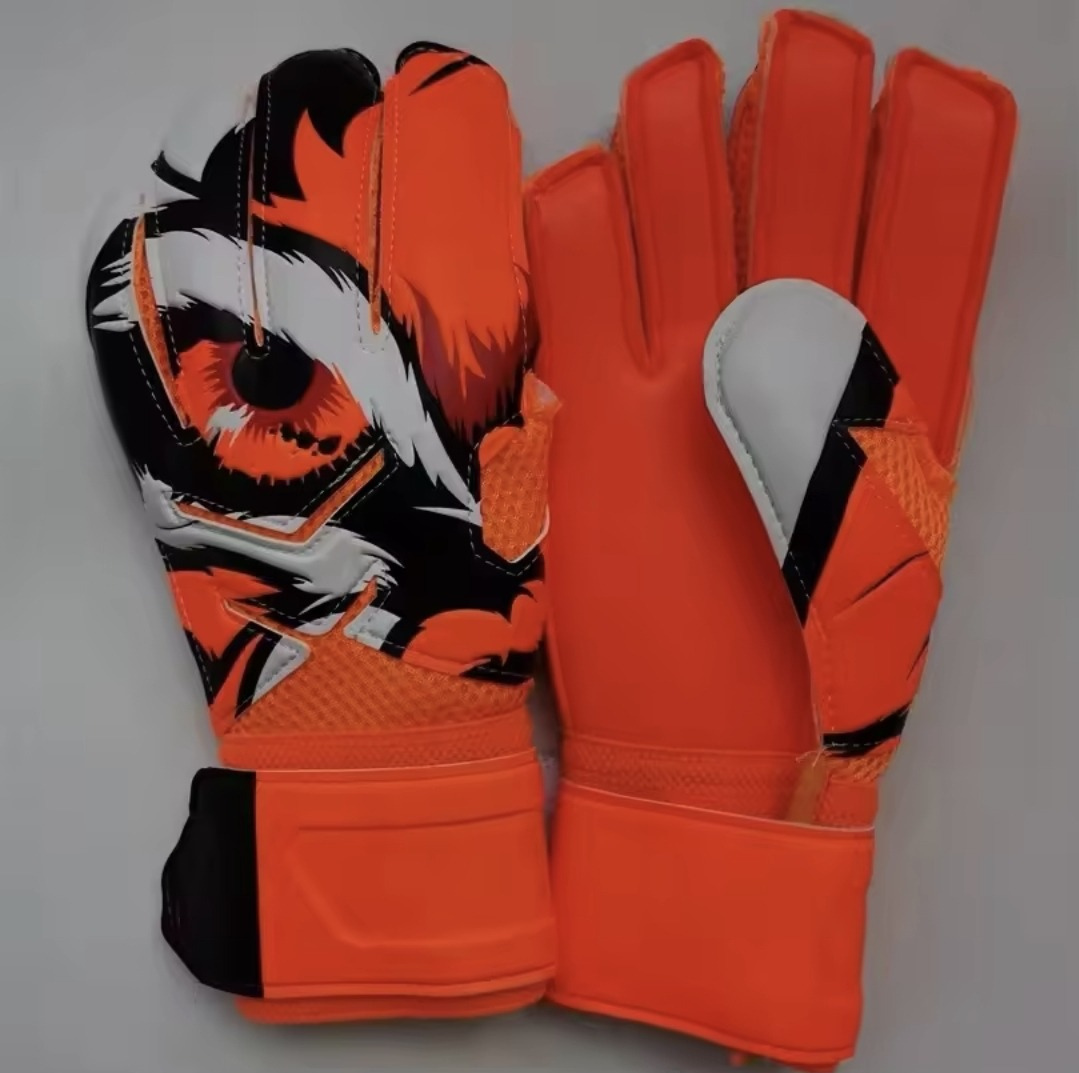 Pair of Men's Hunter Goalkeeper Gloves with a orange, white, and orange eye design on a white background.
