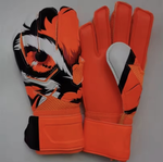 Pair of Men's Hunter Goalkeeper Gloves with a orange, white, and orange eye design on a white background.