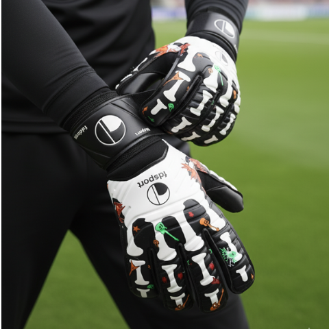 Men’s Goalkeeper Glove El Torero in white and black with a skeleton and guitar pattern worn by a man on a football pitch at sunset with golden light.