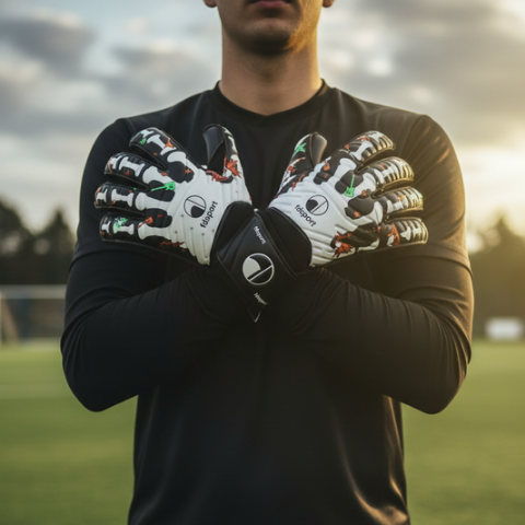 Men’s Goalkeeper Glove El Torero in white and black with a skeleton and guitar pattern worn by a man on a football pitch at sunset with golden light.