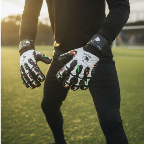 Men’s Goalkeeper Glove El Torero in white and black with a skeleton and guitar pattern worn by a man on a football pitch at sunset with golden light.