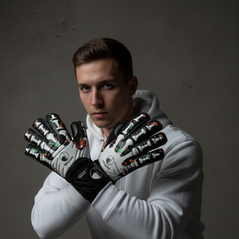 Men’s Goalkeeper Glove El Torero in white and black with a skeleton and guitar pattern worn by a man on a background grey