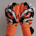 Pair of Men's Hunter Goalkeeper Gloves with a orange, white, and orange eye design on a white background.