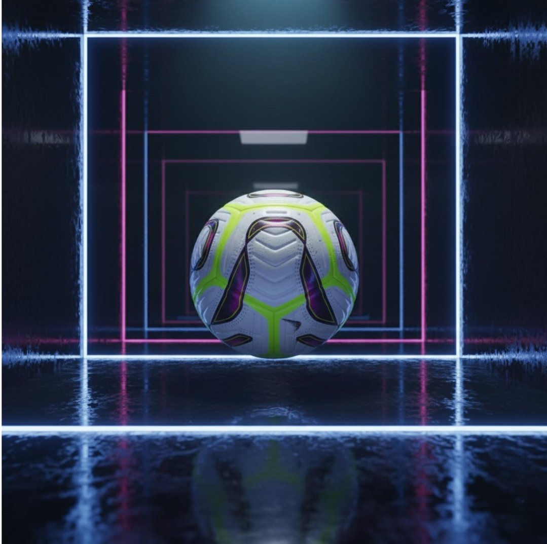 The Dynamo Seamless Football floats or rests on a small, illuminated white podium in a dark, dramatic setting with a single spotlight shining down from above.