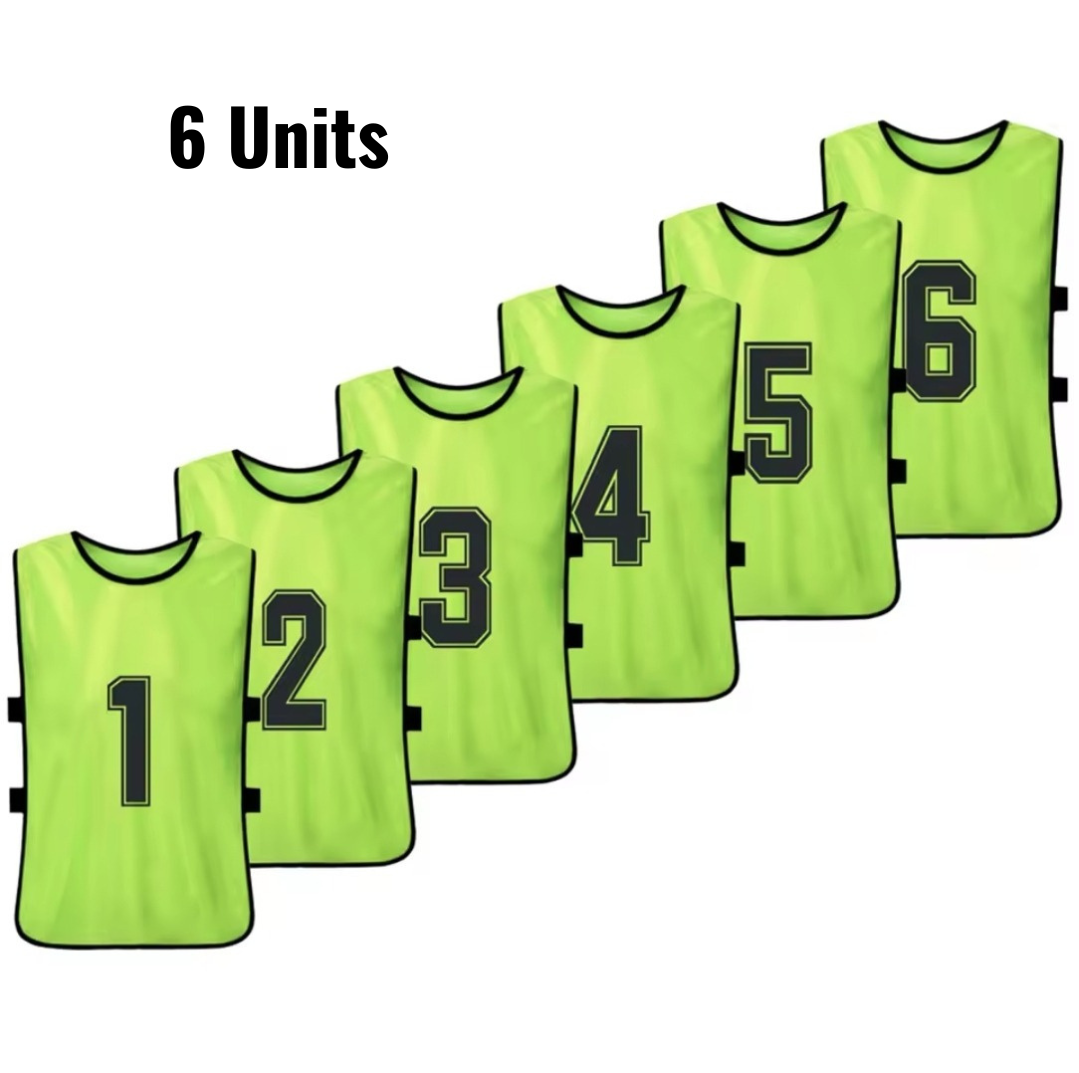 Set of 6 numbered training bibs in fluorescent yellow with black numbers 1 to 6.