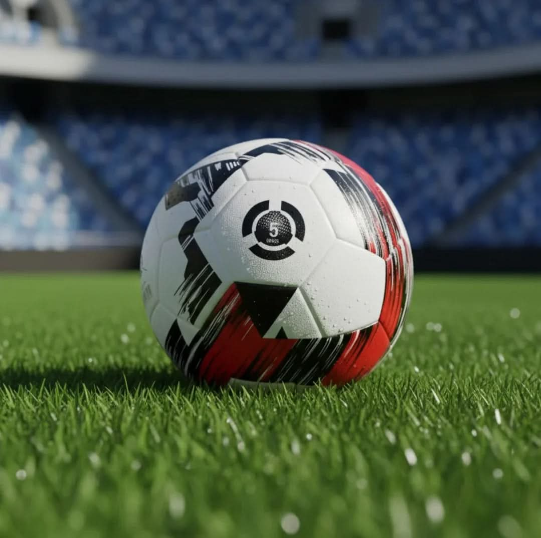 Football placed on fresh grass with empty stadium stands in the background.
