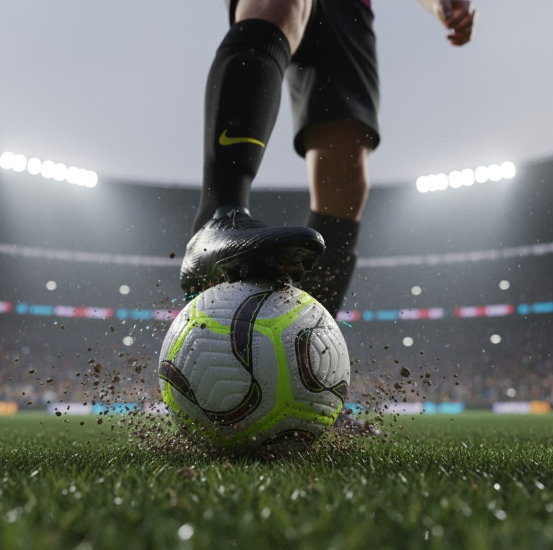 An extreme low-angle shot of a black football boot stepping on the Dynamo Seamless Football on a grass pitch. Dirt and turf are being kicked up around the ball.