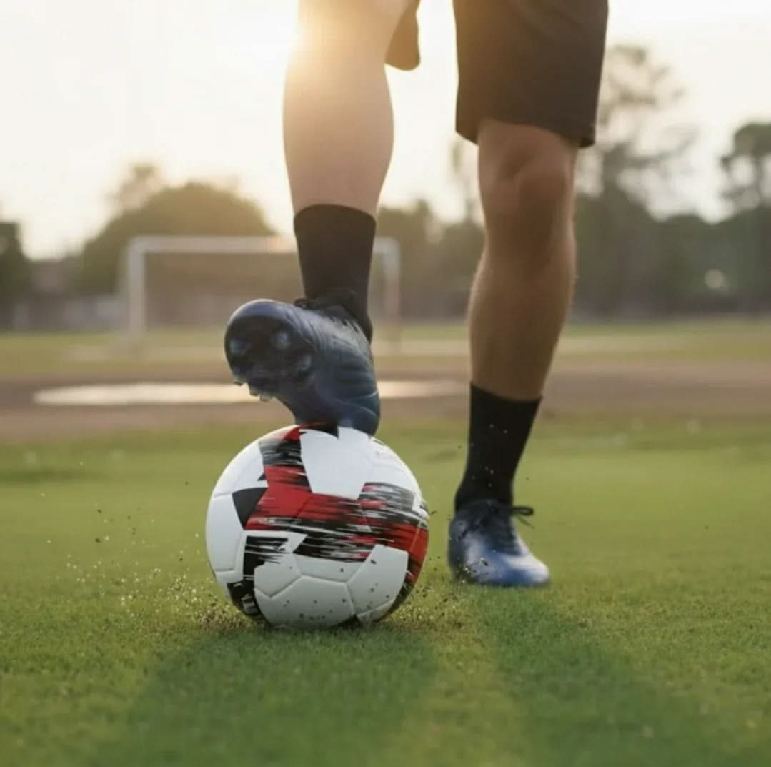 Player wearing black shorts and blue boots stepping on a football on the pitch.