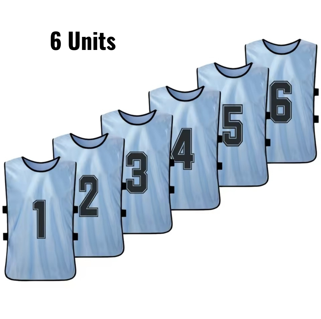Set of 6 numbered training bibs in navy blue with black numbers 1 to 6.