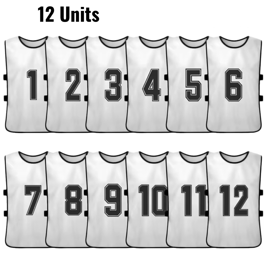 Set of 12 numbered training bibs in white with black numbers 1 to 12.