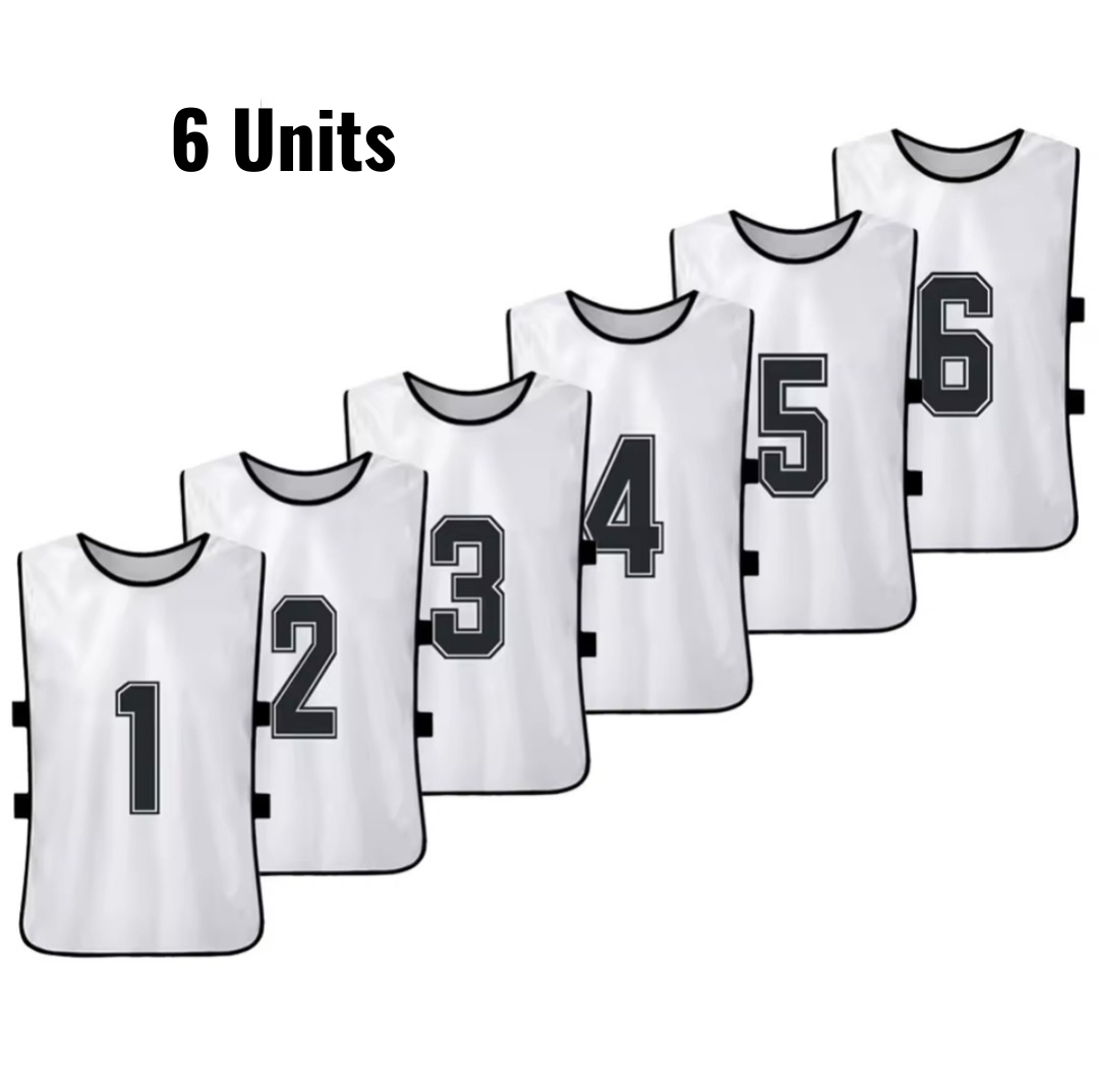 Set of 6 numbered training bibs in white with black numbers 1 to 6.