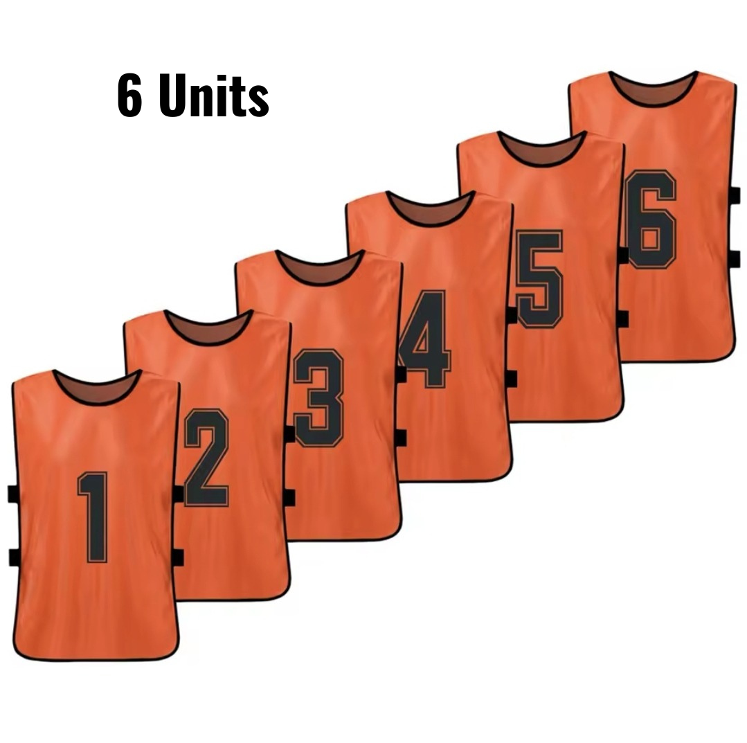 Set of 6 numbered training bibs in bright orange with black numbers 1 to 6, football training gear.