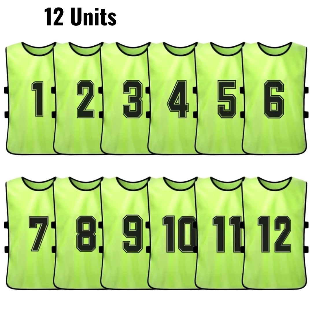 Set of 12 numbered training bibs in fluorescent yellow with black numbers 1 to 12.