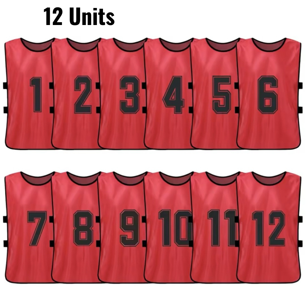 Set of 12 numbered training bibs in red with black numbers 1 to 12, team sports equipment.