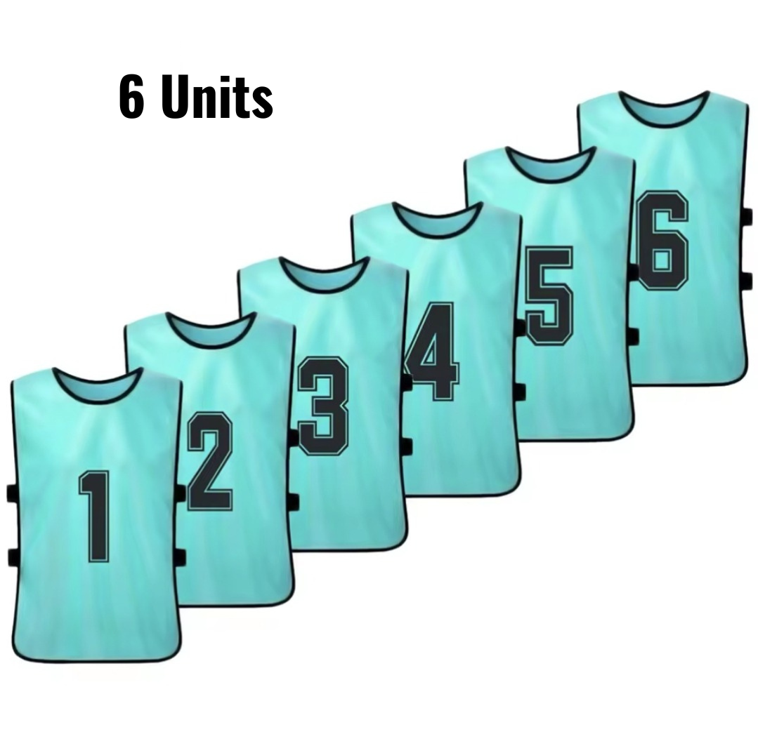 Set of 6 numbered training bibs in light blue with black numbers 1 to 6.