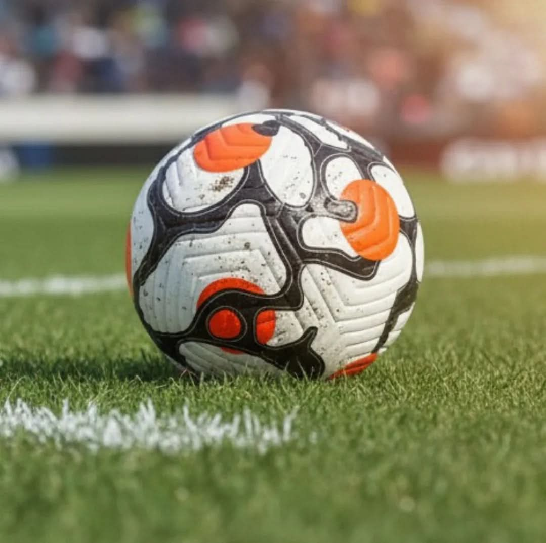 Close-up of a white, black, and orange football resting just inside the white boundary line on a bright green grass pitch. The ball has small specks of dirt on it, and the background shows blurred spectators in the stands.