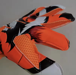 Detail of the orange and black design with mesh fabric on the back of a Men's Hunter Goalkeeper Glove on a white background.