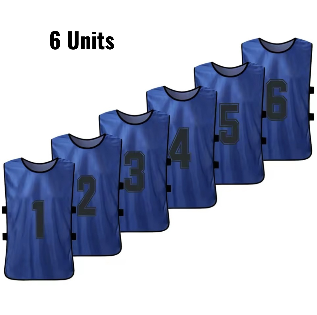 Set of 6 numbered training bibs in dark blue with black numbers 1 to 6.