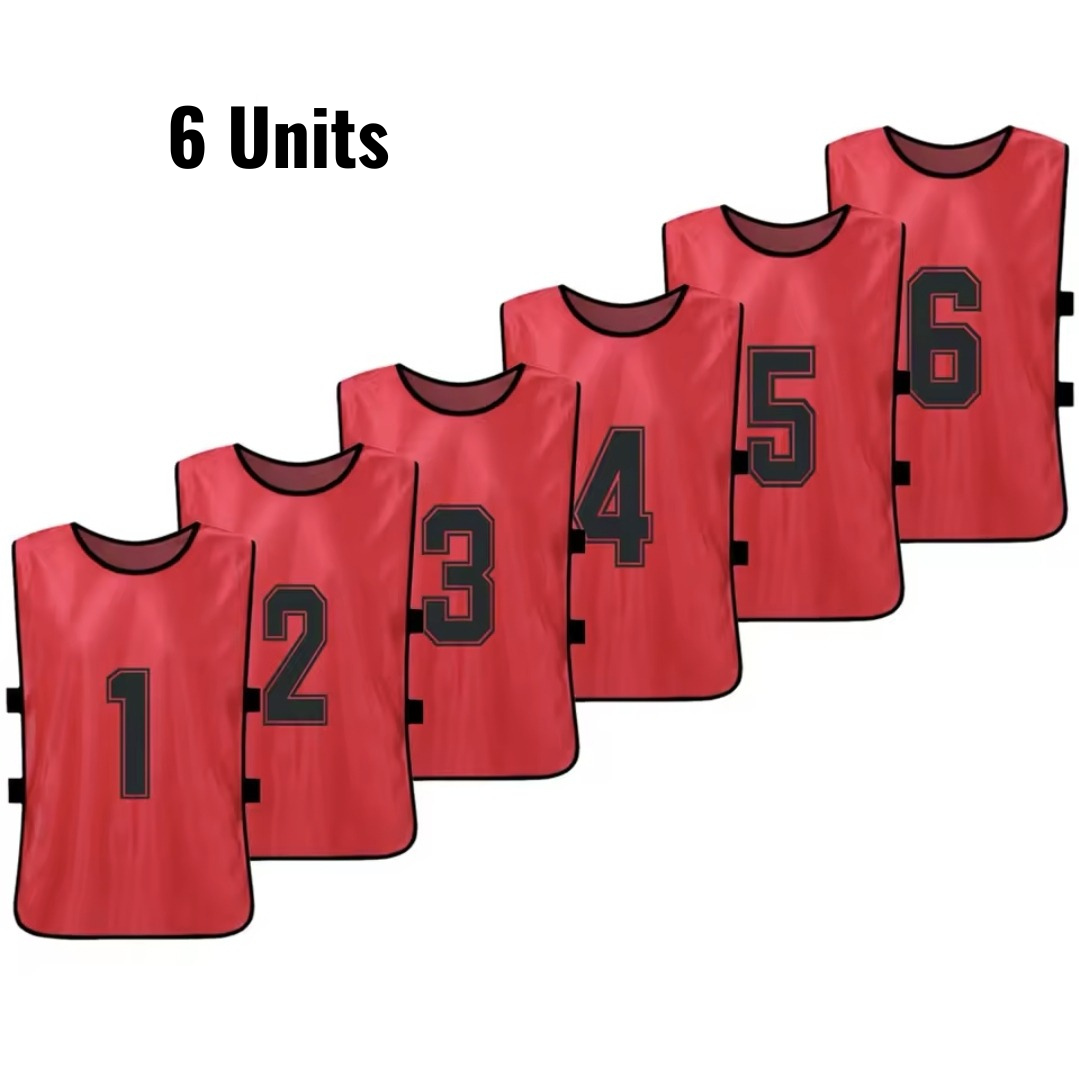 Set of 6 numbered training bibs in red with black numbers 1 to 6, team sports equipment.