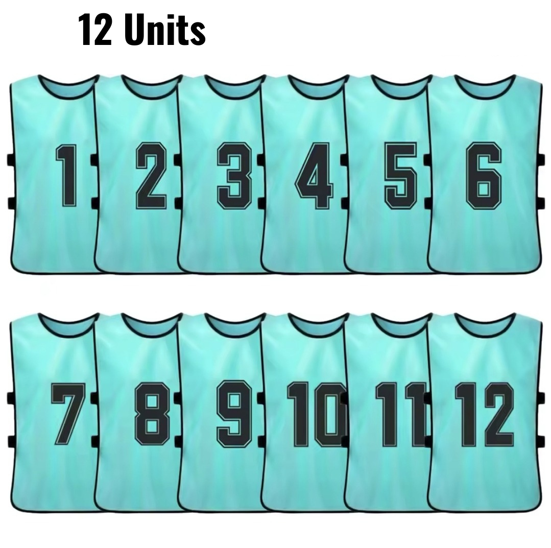 Set of 12 numbered training bibs in light blue with black numbers 1 to 12.