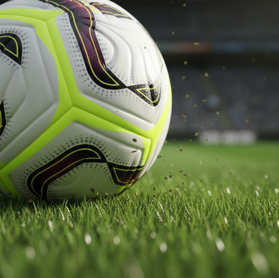 A close-up shot of the Dynamo Seamless Football sitting on a short, lush green grass pitch, with particles of turf dust flying upwards.