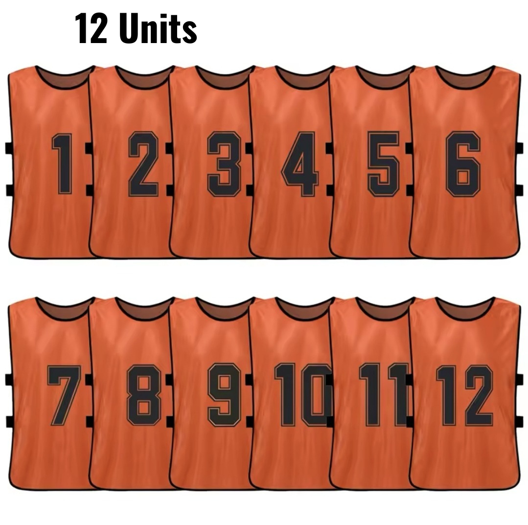 Set of 12 numbered training bibs in bright orange with black numbers 1 to 12, football training gear.