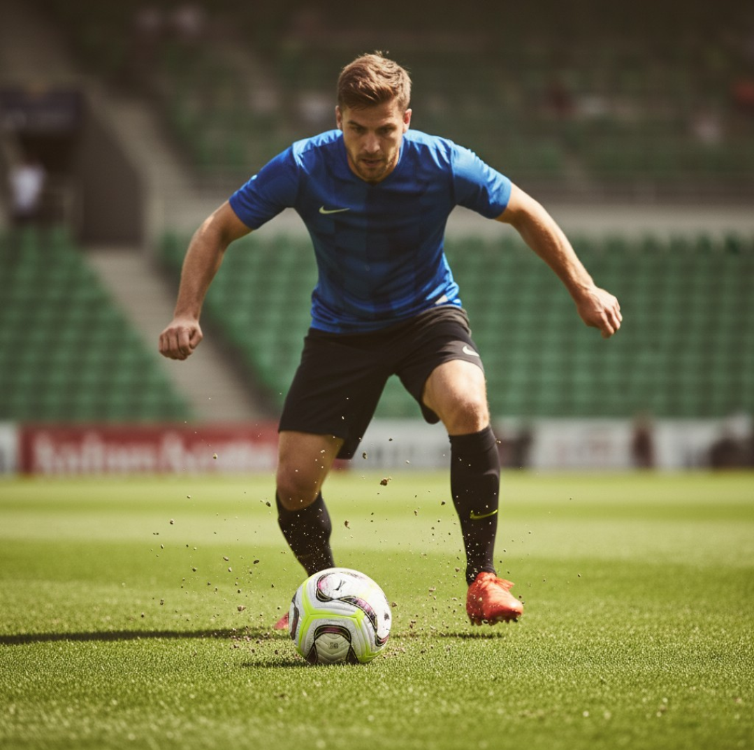 A football player wearing a blue shirt and black shorts dribbles the Dynamo Seamless Football across a green grass pitch. The ball is kicking up a small trail of dirt.