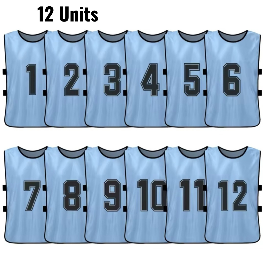 Set of 12 numbered training bibs in navy blue with black numbers 1 to 12.