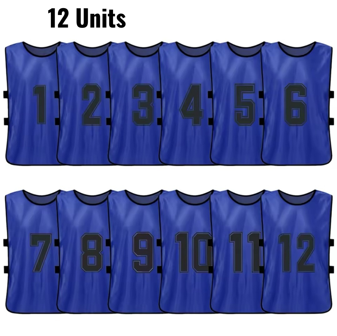 Set of 12 numbered training bibs in dark blue with black numbers 1 to 12.