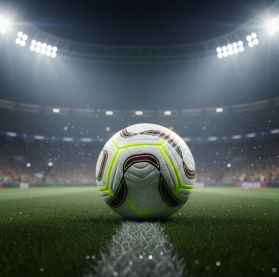 A low-angle close-up of the Dynamo Seamless Football (white with neon yellow and purple/maroon panels) resting on a white line of a green grass pitch in a stadium illuminated by bright floodlights.